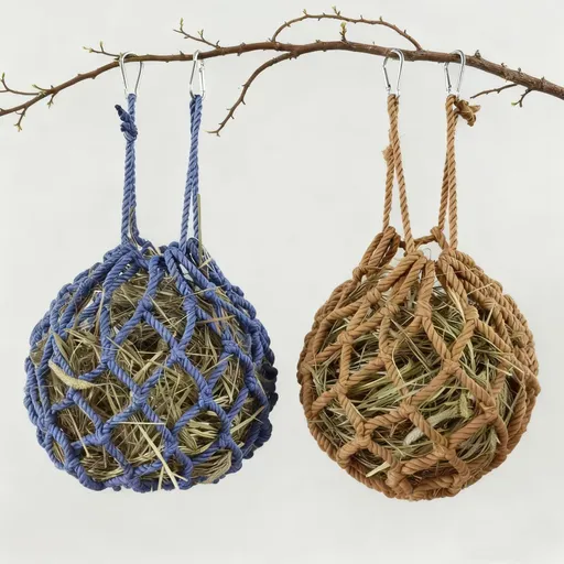 2 Pcs Rabbit Hay Feeder Mesh Bags, 2 Metal Hooks Hanging Hay Mesh Bags, Guinea Pig Hay Bags, High-Capacity Bunny Hay Bag for Rabbits, Chinchillas, Hamsters, （Coffee color+dark blue）