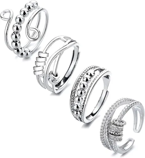 4 pcs Anti-Stress Ring with Rotating Beads, Silver, Compatible with Fidget Spinner Rings