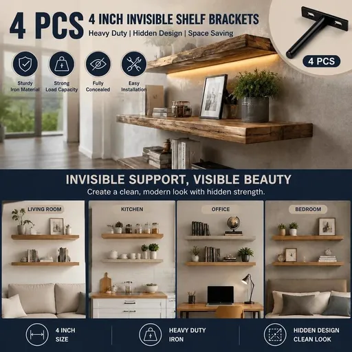 4" Black Hidden T Shelf Bracket 4Pcs w/ 5x60&5x80 Screws