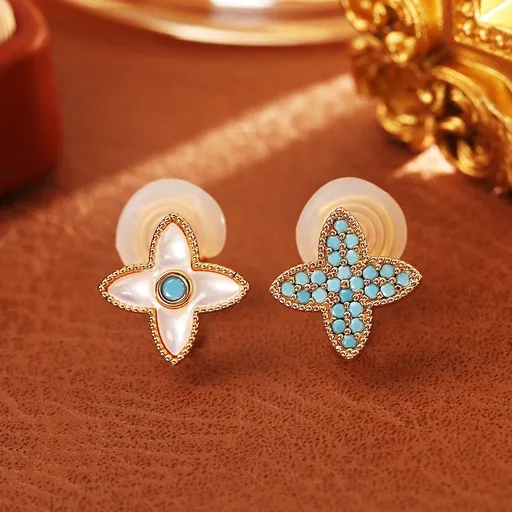 Four Leaf Clover Stud Ear clips - 14mm Gold Tone Mother of Pearl and Turquoise Mismatched Ear clips, Elegant Fashion Jewellery for Women and Girls