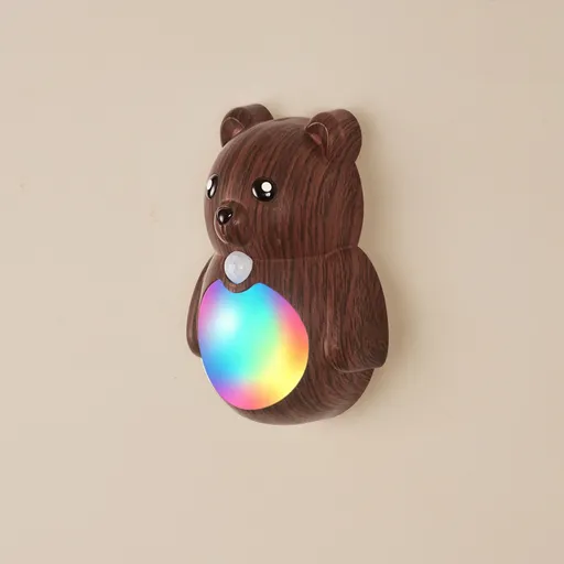 Adorable Cartoon Bear Magnetic Motion Sensor Night Light – Rechargeable LED Wall Lamp with Warm and Rainbow Glow, Cordless Stick-On Lighting for Bedroom, Hallway, Staircase, and Kitchen (Walnut Grain, 1PCS)