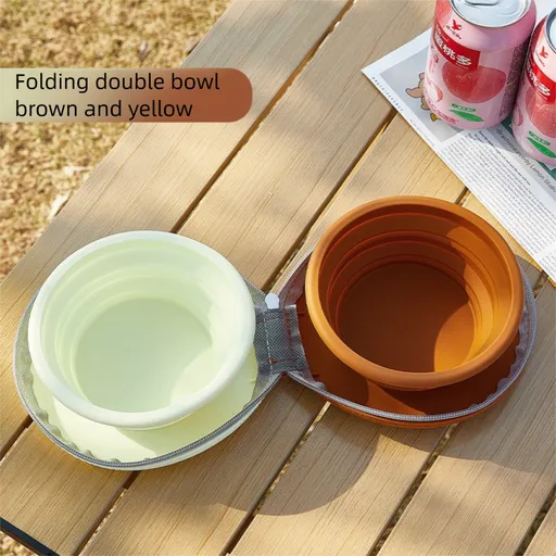 Portable Foldable Dual Bowl for Pets Silicone Feeding and Water Dish Compact Storage Design Brown Yellow
