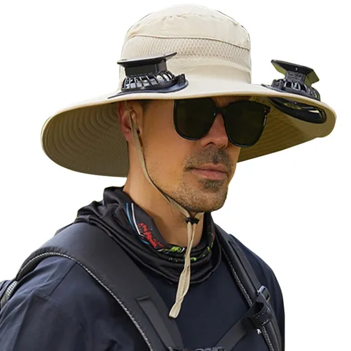 Solar Fan Hat Wide Brim Solar Fan Hat Outdoor Wide Brim Sun Hat with Solar Fan Fishing Hat, Removable & USB Charging Fan A-Khaki