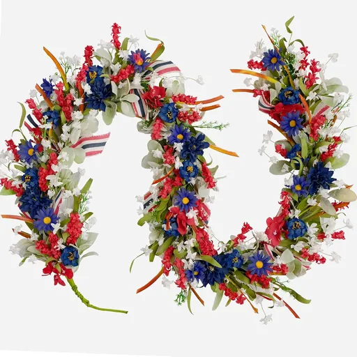4th of July Red White Blue Flowers Lamb Ear Leaves Garland for Doors, 5.9ft Patriotic Artificial Flower Home Decor Garland for Indoor Outdoor, Independence Decoration for Home
