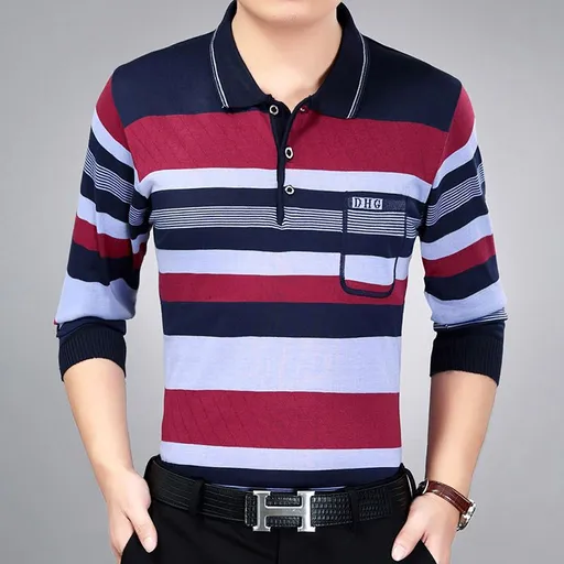 Men Pullover Collar Striped Knitwear Breathable... Red L