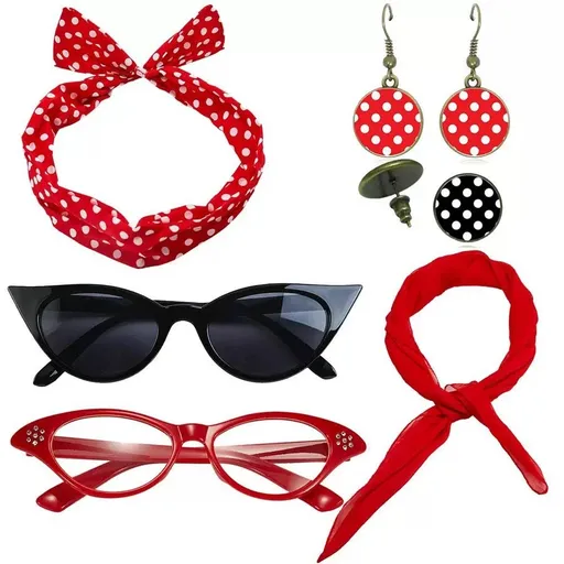 Red 6 Piece Vintage Polka Dot Party Kit Accessories Set - 1950s Retro Costume with Cat Eye Sunglasses, Headband, Earrings, Studs and Neck Scarf for Cosplay and Themed Events