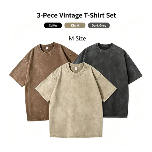 Three‑Pack Thick Retro Washed Cotton Tee Unisex Casual Set Ideal Christmas Holiday Present Coffee Brown Khaki Dark Grey Size M