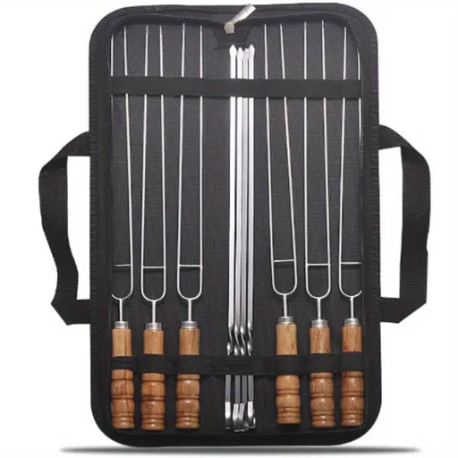 BBQ skewer set, outdoor barbecue Australia, stainless steel skewers, wooden handle skewers, portable skewer set, kebab sticks, grilling accessories