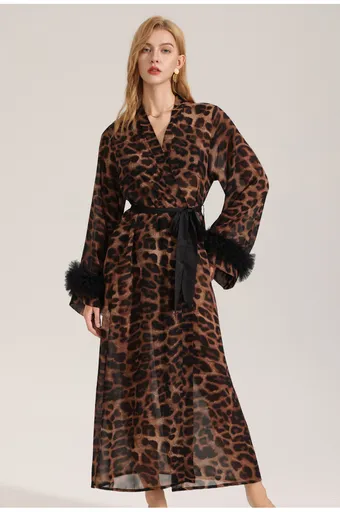 Women's Sexy Leopard Long Sleeve Print Satin Robe - Breathable Luxury Satin Chiffon Housecoat & Long Elegant Morning Gown
