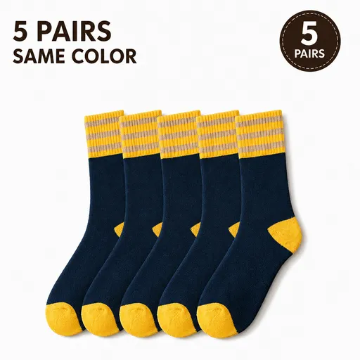 Colour Block Mid-Calf Socks, Thick Terry Knit with Striped Ribbed Cuff and Reinforced Toe, 5 Pairs, Navy Blue
