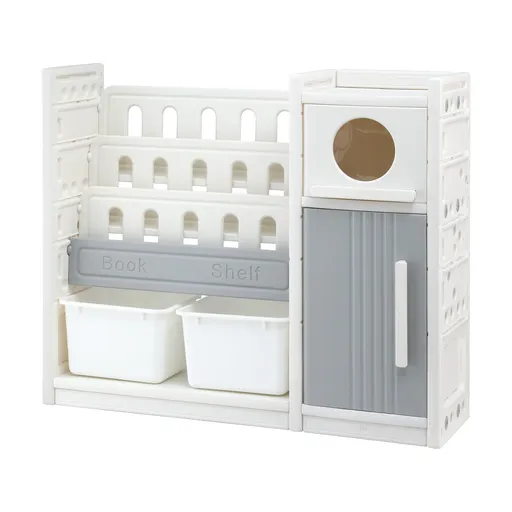 Keezi Kids Bookshelf and Toy Storage Organizer with 3-Tier Bookshelvs, 2 Removable Bins and 2 Storage Cabinets, Toddler Bookshelf with Toy Organizer for Kids' Rooms, Playrooms