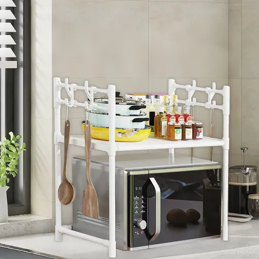 Microwave Oven Shelf Countertop Organizer - 3 Tier Kitchen Storage Rack for Microwave Spice Towel with Side Hooks - Space Saving Stand for Counter Cabinet Shelf - No Drill Plastic Shelving