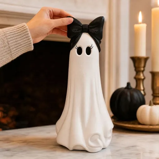 Halloween Ghost Decoration, Cute 10inch Resin Ghost Figurine With Bow, Friendly Tabletop Ornament for Front Porch Mantel Shelf Entryway Indoor Outdoor Decor 10 inch