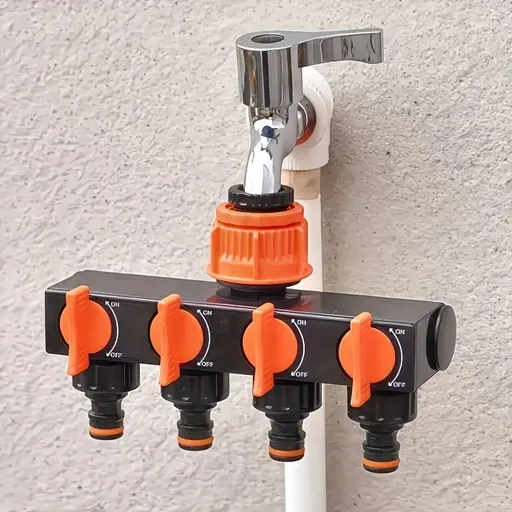 4-Way Independent Valve Garden Hose Splitter: Leak-Proof Faucet Connector, All-in-One for Watering, Car Washing and Sprinkler Systems, Essential Outdoor Tool for Efficient Water Saving/orange