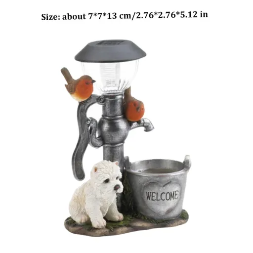 Garden Puppy Statues,Resin Dog Birds Welcome Sign Ornament with Solar Patio Lamp, Garden Landscape Decorative