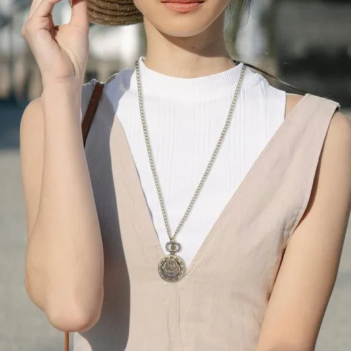 Vintage Style Ladies Pocket Watch Necklace with Quartz Movement, Metal Chain Pendant for Women