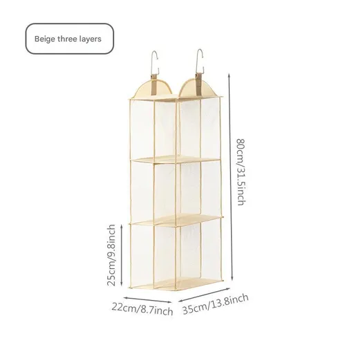 Beige Hanging Dustproof Storage Bag - Multi-Layer Organizer for Bags, Clothes & Accessories, 3-Tier Non-Woven Fabric