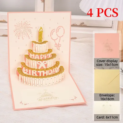 4-Pack - Gold Foil Cake 3D Pop-Up Birthday Cards, Creative Papercut Foldable Greeting Gift Cards - Pink