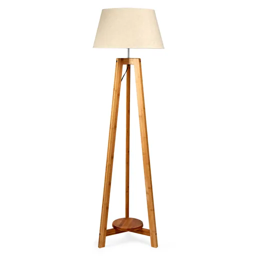 155cm Large Bamboo Wooden Tripod Floor Lamp w Beige Linen Light Shade