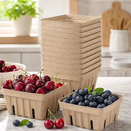 4.3x2.8inch Small Produce Vented Basket,Natural Pulp Fiber Berry Tray Square Paper Container for Blueberry Strawberry Raspberry for Farmer Market Grocery Store Fruit Picking 20 Pcs