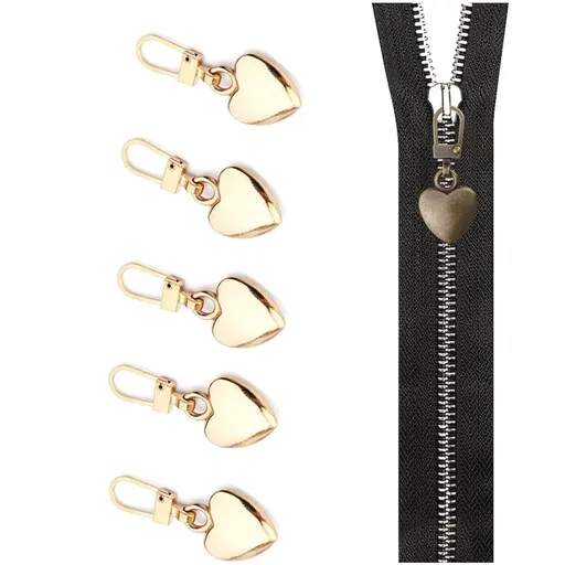 Multicolor Zipper Pull Replacement, Heart Shaped Metal Zipper Pull Tabs Decorative,Charm Detachable Metal Zipper Pulls Repair Kits for Purse Handles/Luggage/Backpacks/Coats/Jackets(5 Color) Gold