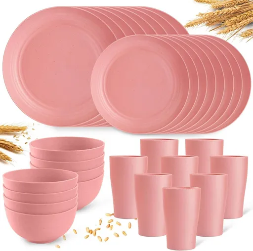 Camping Plates Cups and Bowls Set Green Reusable Microwave Safe Lightweight Unbreakable Plastic Dishes Set for Elderly Kitchen Adults Outdoor,32 Pcs Holiday Dinnerware Sets for 8 - Pink - Size 32Pcs