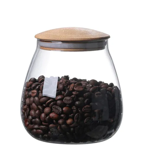 800 ML Clear Cute Glass Storage Canister Holder with Airtight Bamboo Lid, Round Modern Decorative Container Jar for Coffee, Spice, Candy, Salt, Cookie, Condiment, Pepper, Sugar