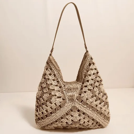 Straw Beach Bag for Women Summer Woven Beach Tote Bag Shoulder Handbags Boho Bag,Coffee,38 x 27 cm