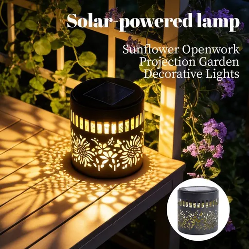 Solar-Powered Wrought Iron Sunflower-Patterned Openwork Projection Light, Courtyard and Garden Mood Light, Outdoor Waterproof Wrought Iron Garden Light, Lawn Night Light - 1-Pack