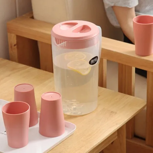5-Pcs Pitcher Set, Clear Plastic Water Pitcher with 4 Water C, Fridge Jug with Lid, BPA-Free, Shatter-Proof, Great for Iced Tea, Sangria, Lemonade, Juice, Milk, Summer Essential