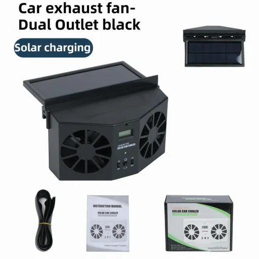 Black Solar Rechargable Dual Outlet Car Window Ventilation and Exhaust Fan - 4500 RPM Air Circulation and Foldable Space Saving, Remove Heat Odors Smoke and Stale Air for Most Vehicles without Anti-Pinch Feature