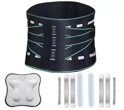 Lumbar Support Belt, featuring 8X Enhanced Lumbar Support, designed with a 3D massage pad, unisex back support strap, breathable and adjustable shoulder straps, available in green.（Size L）