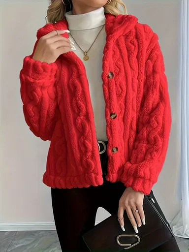 Double-Sided Fleece Coat Turn-Down Collar Button Coat Women'S Winter Outerwear - Red - Size S(AU S/EU46)