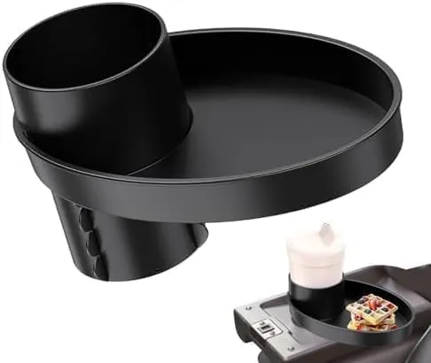 Car Seat Snack Tray, Portable Cup Holder Plate, Toddler Car Seat Cup Holder Food Tray with Expandable Base, Cup Holder Tray for Car Seats, 360° Rotatable Car Seat Tray for Kids Travel black