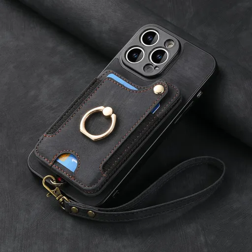 Mobile Phone Leather Case Compatible with iPhone RFID Anti-Theft Swipe Loop Buckle Rope Multifunctional Card Holder Black [With Leather Strap] Black [With Leather Lanyard]] iPhone 15 Pro Max