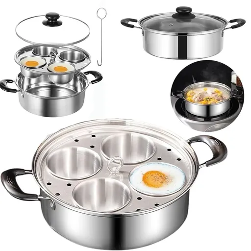 Egg Poacher Cookware, Non‑Stick 4‑Cup Poached Egg Maker Pan with Glass Lid, Stainless Steel Rust Resistant, for Induction Cooktop, Gas Cooktop, Home Kitchen Breakfast Brunch