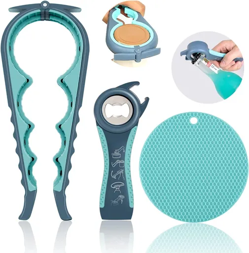 5-in-1 Bottle Opener & 4-Size Jar Opener Set with Adjustable Grip, Silicone Pad, and Ergonomic Handle—Multi-Function Kitchen Tool for Cans, Jars, Bottles, Pull Tabs, and Caps—Durable, Easy-to-Use Design (Blue)