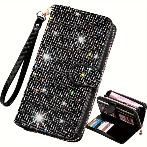 rhinestone card holder, checkbook clutch, rhinestone clutch, multiple card slots, sparkling accessory, glamorous wallet, crystal card case, protective cover, women's clutch, jewellery clutch - Black - Size L