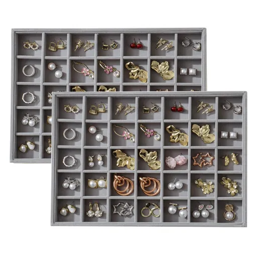 Large Velvet Jewelry Tray Display Drawer Inserts 2 Pack Stackable Jewelry Organizer for Earring Bracelet Necklace Ring 35 Grids - Gray - Size 35 Grids