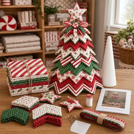 Candy Cane Star Themed DIY Fabric Quilted Christmas Tree Kit for Handmade Layered Festive Tabletop Tree, Christmas Home Decor and Holiday Craft Gift