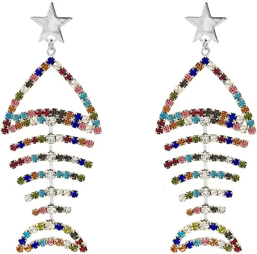 Multicolor Crystal CZ Fishbone Dangle Earrings for Women Statement Large Long Fish Skeleton Earrings