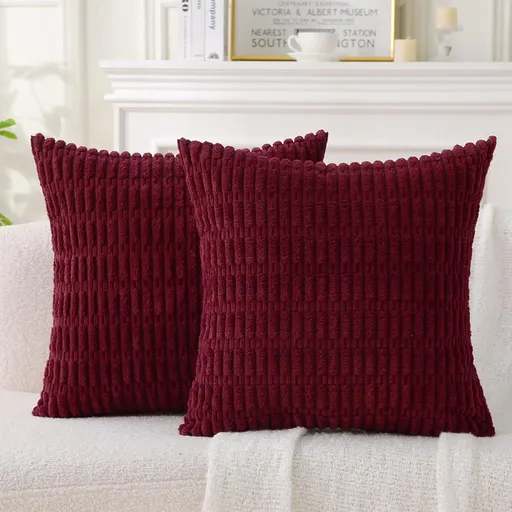 2 Pack Corduroy Decorative Throw Pillow with Inserts, 18x18 Inch Soft Boho Throw Pillow, Square Striped Throw Pillows for Couch, Bed, Sofa Decor (Burgundy)