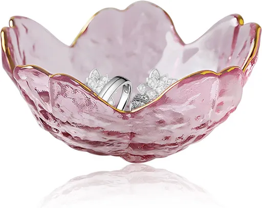 Pink Crystal Flower Trinket Dish, Glass Ring Bowl and Jewellery Holder for Necklaces, Keys, Vanity, Nightstand and Gift Giving