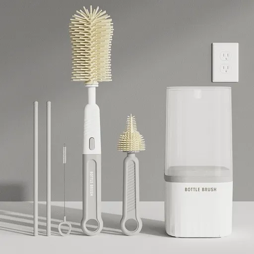 6-in-1 Portable Silicone Bottle Brush Set with Drying Storage Box, All-Purpose Cleaner for Baby Bottles, Nipples, and Straw Cups - Gray
