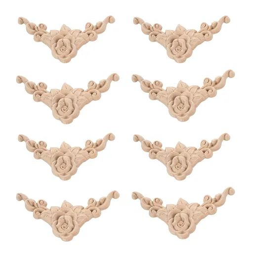 8pcs 8 x 8cm Wood Carved Corner Onlay Applique Door Cabinet Rose Unpainted European Style thick classic taste
