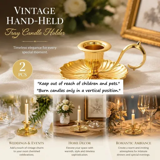 Vintage Handheld Tray Candle Holder 2 Pcs Set, Luxury Tabletop Arrangement Decor, Premium Gift Bundle, Gold