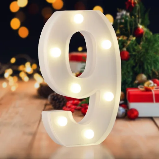 Sign Digit 9, warm white, 26 letters, 10 numbers, heart and & symbol; for birthday, party, Christmas, home, bar, wedding decoration; DIY word combinations; wall & tabletop display; battery operated.