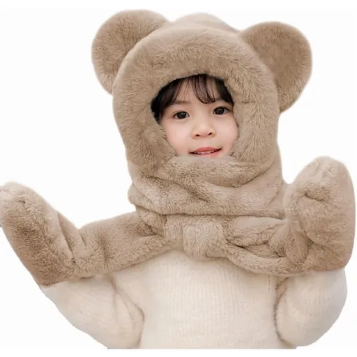 Kids Winter 3-in-1 Hat Scarf Gloves Set, 22-22.8 In Multi-Functional Cap with Faux Fur Trim, Warm Plush Beanie Neck Warmer and Mittens for Cold Weather Outdoor Activities