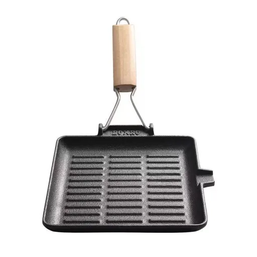 Foldable Non-Stick Iron Grill Pan with Lid and Wooden Handle for Camping, Hiking, Picnics and Outdoor Cooking, Black, 20 cm