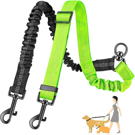 2 in 1 Double Dog Leash Attachment Combine Adjustable Strap and Shock Absorbing Bungee No Tangle Dual Training Splitter for Different Size Dogs（Black fluorescent green ）
